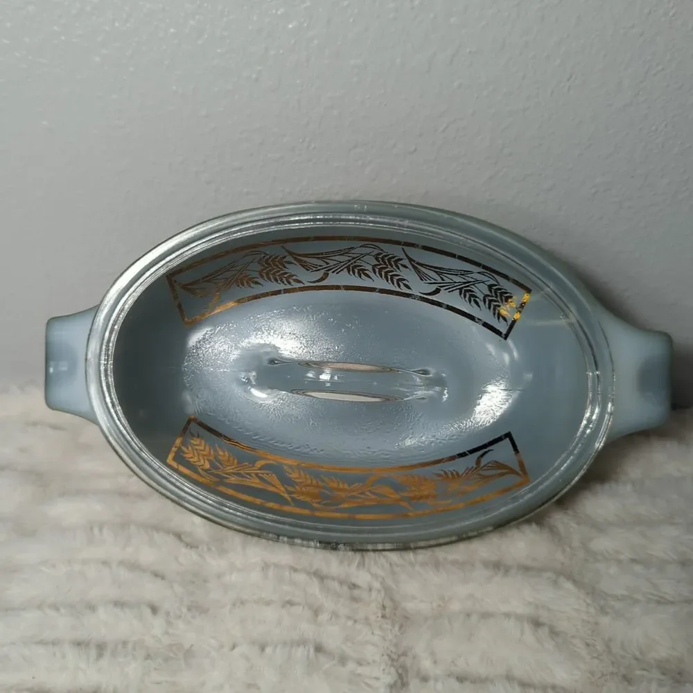 Vintage Glasbake Jeanette Green w/ Gold decorated lid J2274 oval 1 QT Made In US